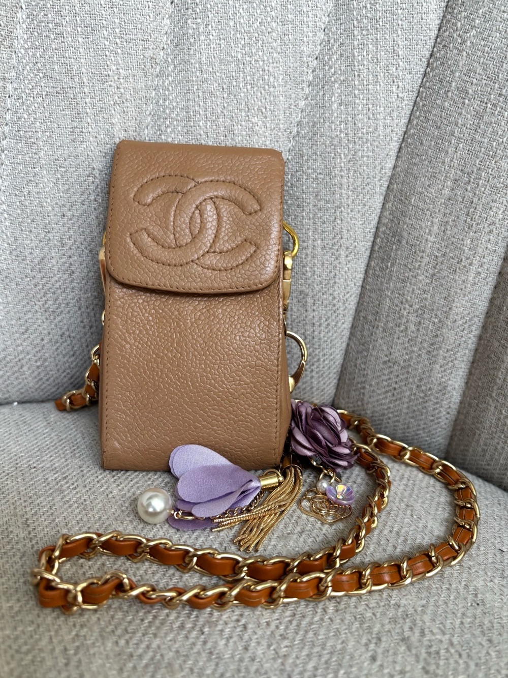 CHA-NEL CC Beige Mini Pouch on Chain